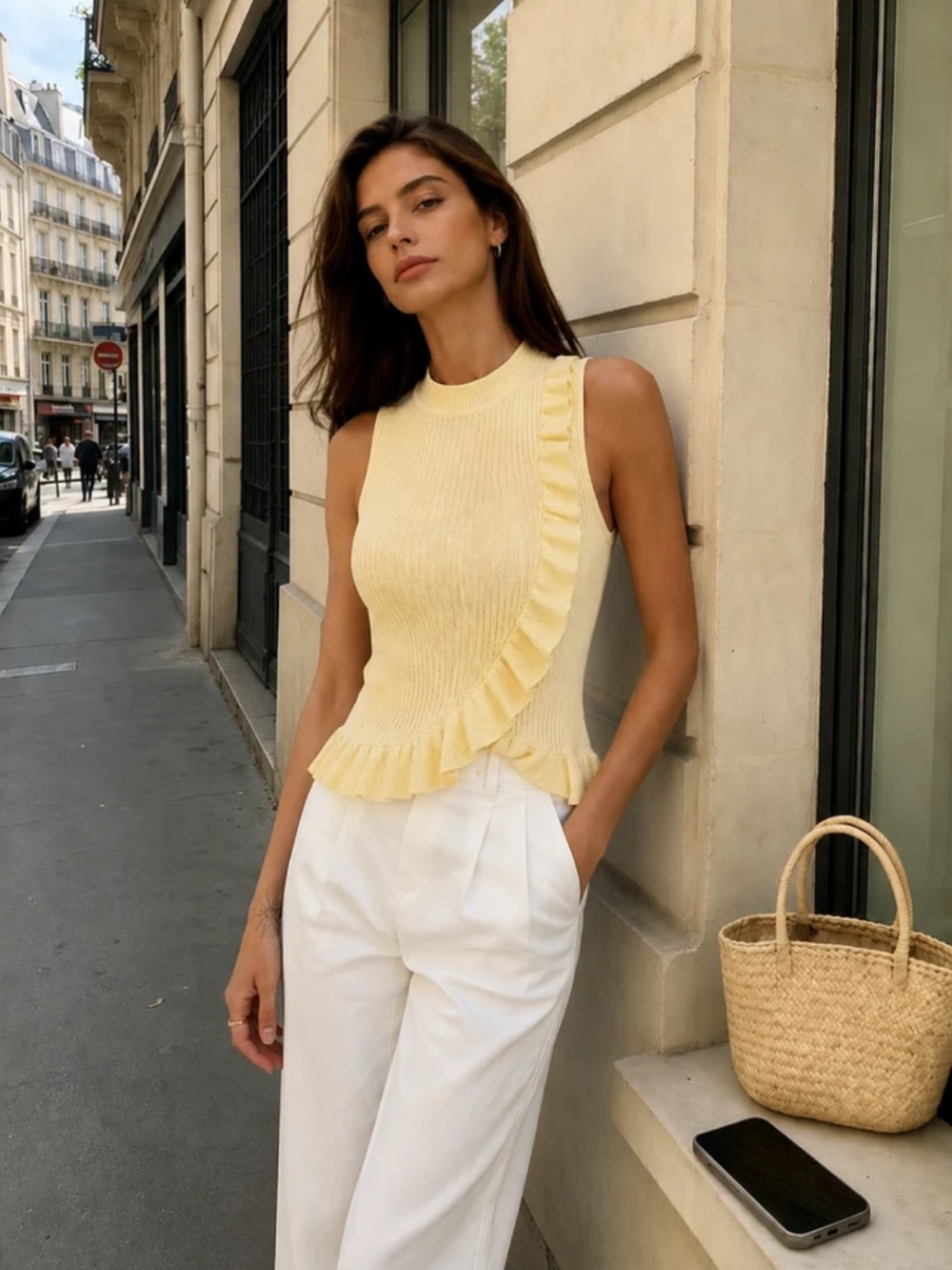 NWT Commense Sleeveless Ruffle-Trim Knit Top - Butter Yellow